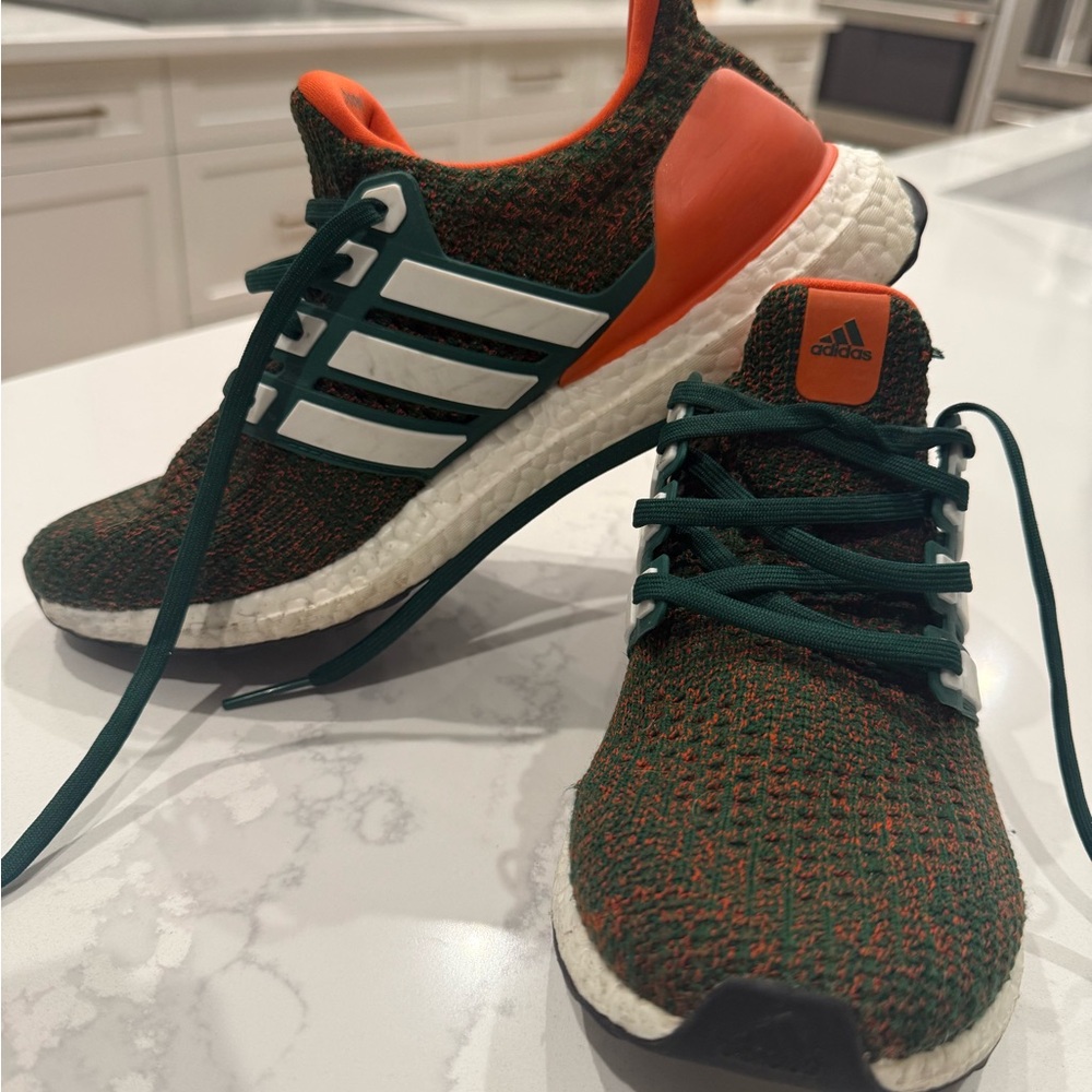 University of Miami UM  Sneakers Adidas Green and Orange Athletic Shoes